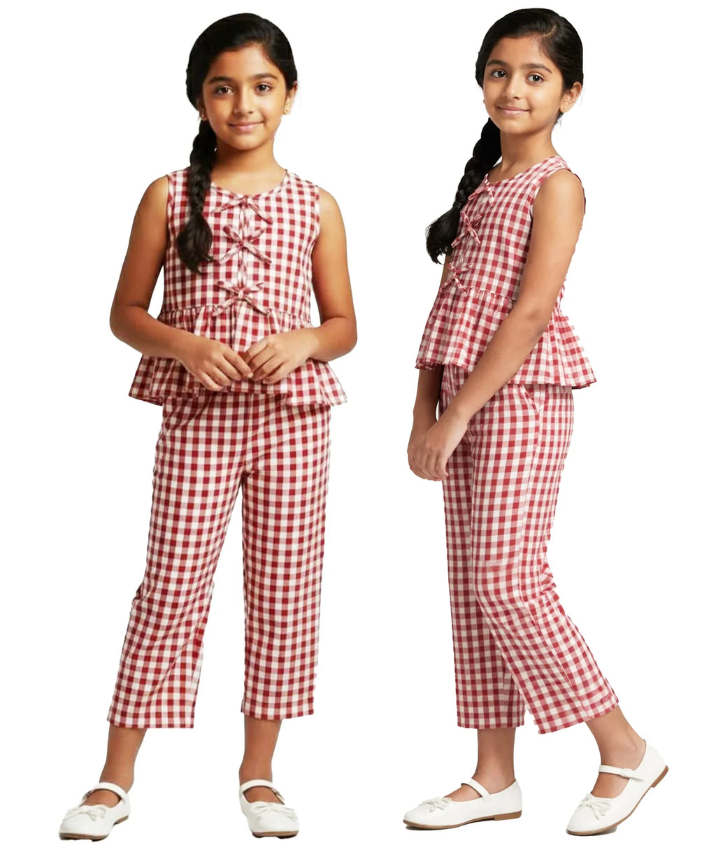 Girl in red and white gingham check sleeveless top and pants co-ord set, summer kids wear