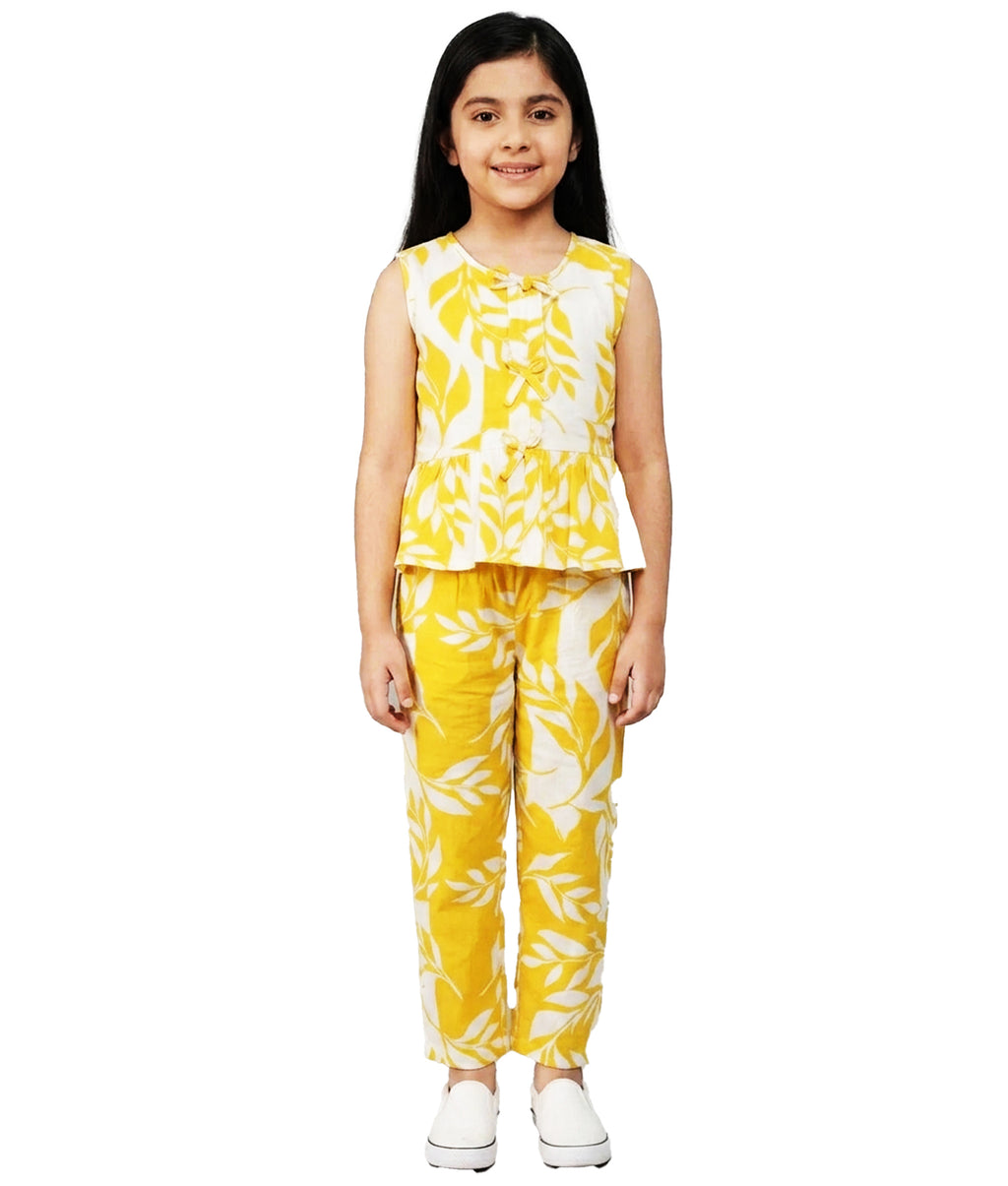 Girls' Yellow and White Leaf Print Peplum Top and Trouser Co-ord Set