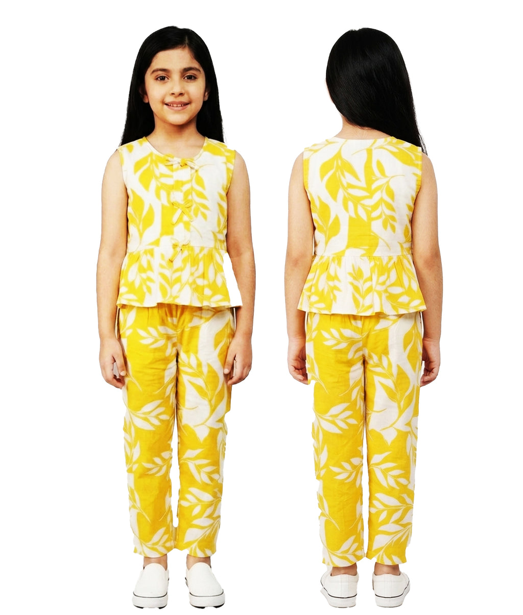 Girls' Yellow and White Leaf Print Peplum Top and Trouser Co-ord Set