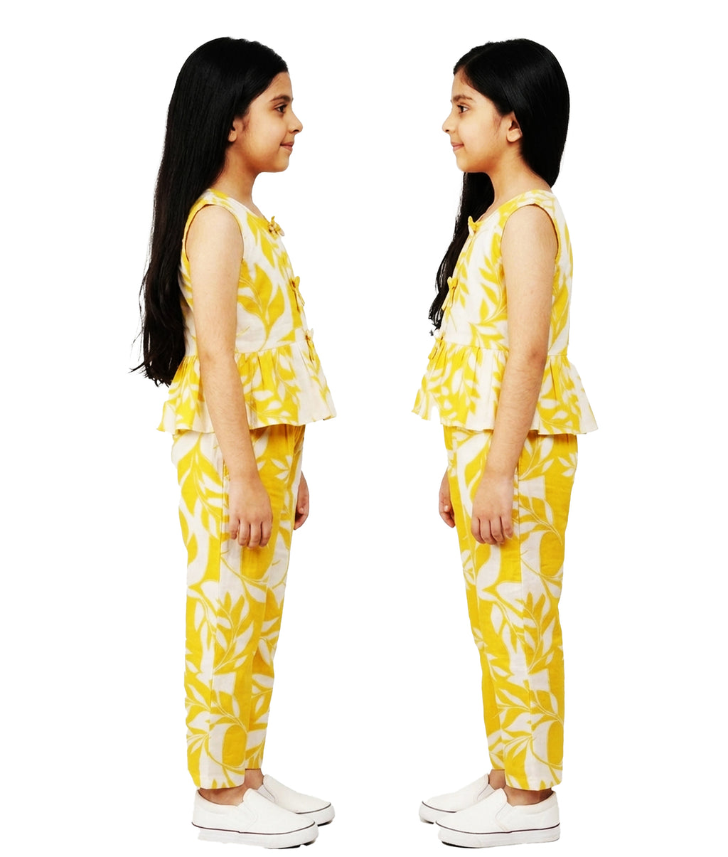 Girls' Yellow and White Leaf Print Peplum Top and Trouser Co-ord Set