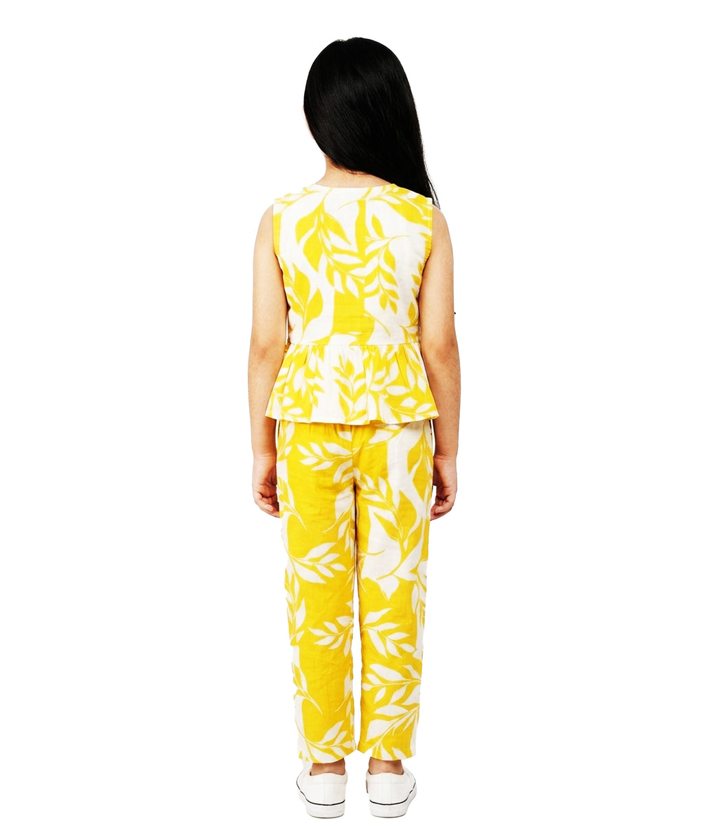 Girls' Yellow and White Leaf Print Peplum Top and Trouser Co-ord Set