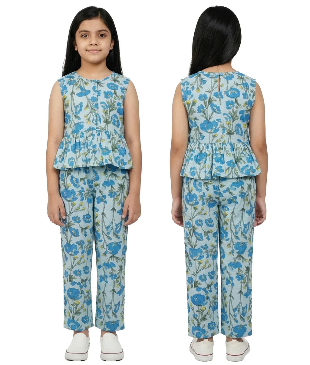 Girl in blue floral sleeveless co-ord set, front and back view, kids summer outfit