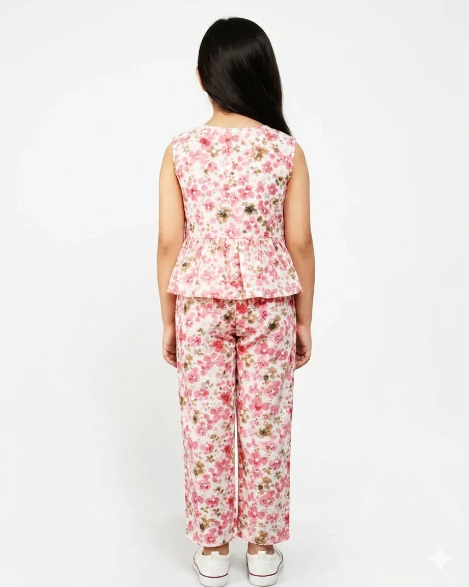 Girl in a pink floral summer co-ord set with sleeveless top and wide-leg pants, back view
