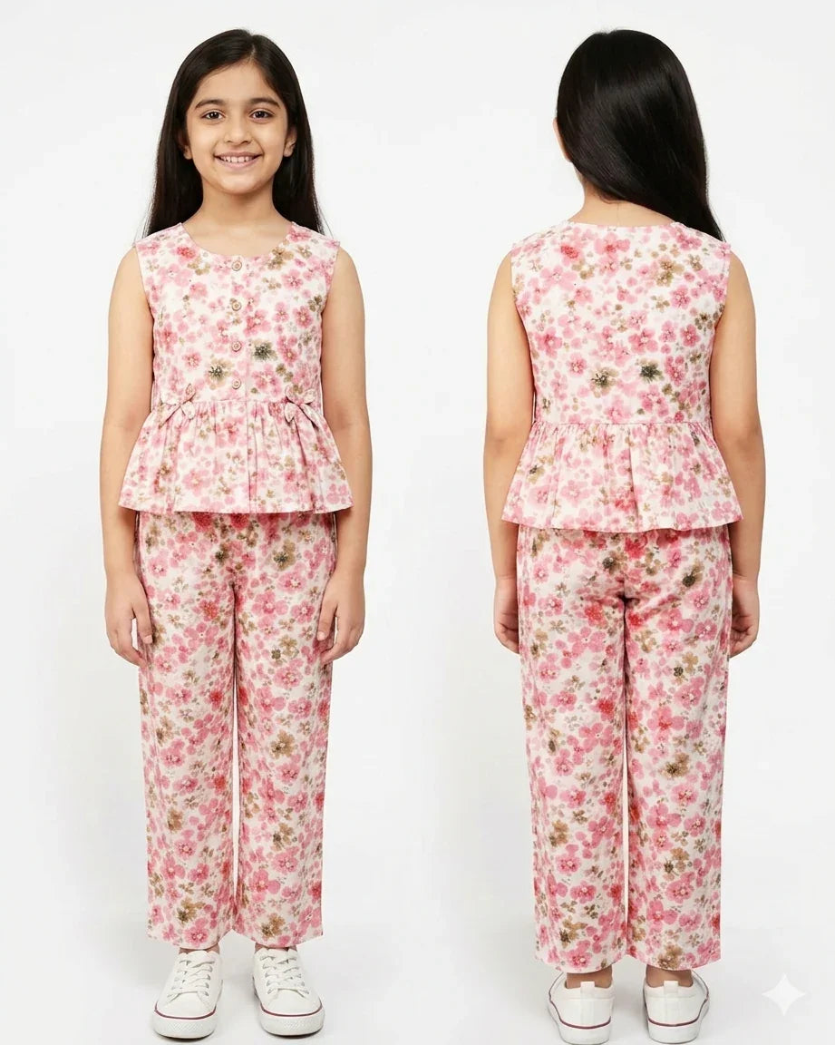 Girl wearing pink floral co-ord set with sleeveless top and wide-leg pants, front and back view
