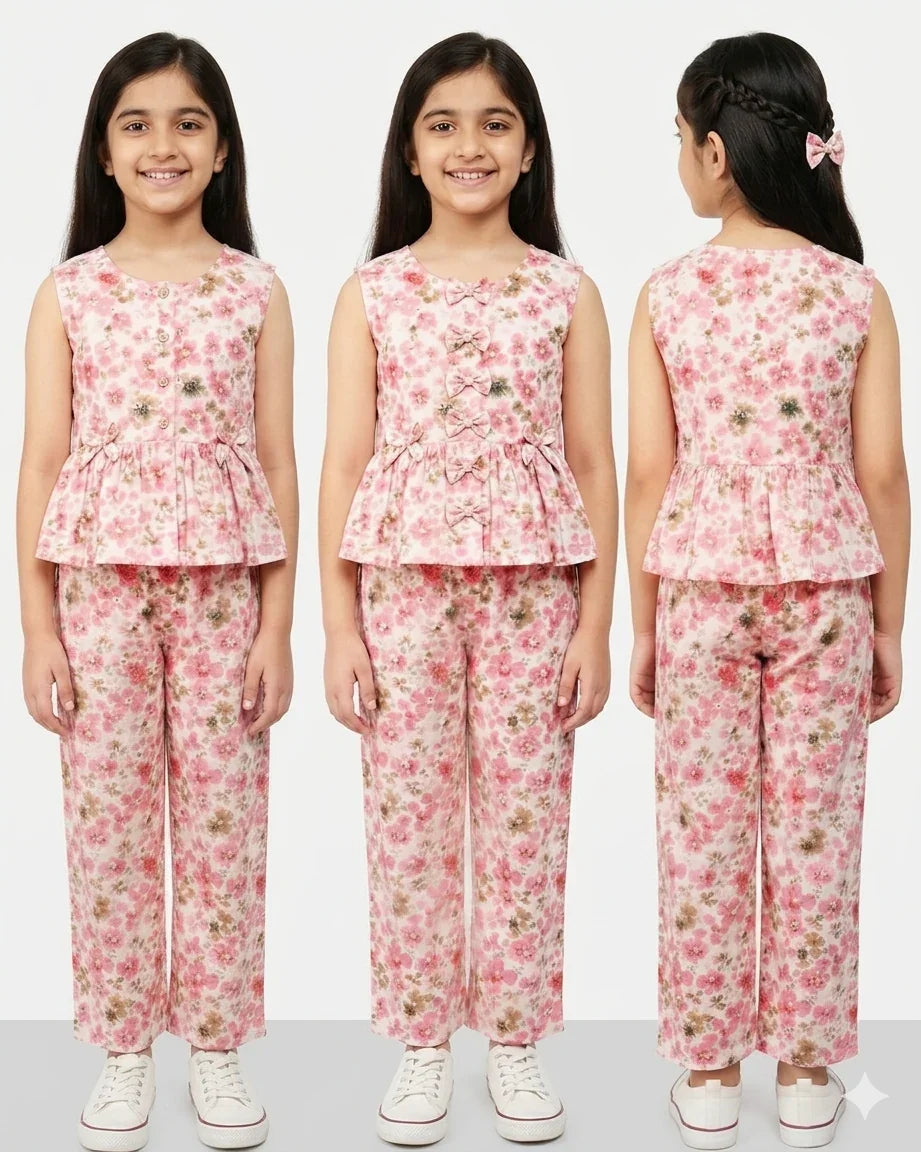 Girl wearing pink floral printed co-ord set with sleeveless top and wide-leg pants, shown front and back.