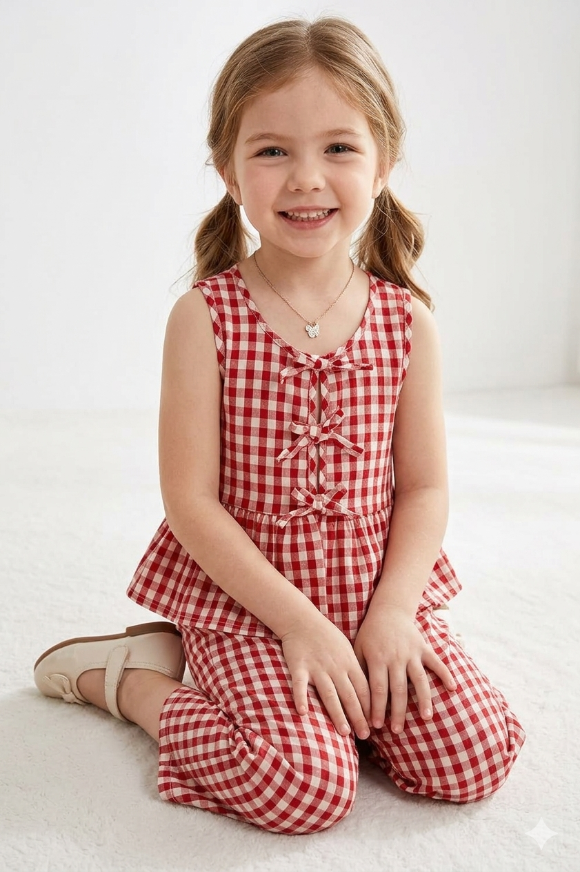 Whimsical Red & White Gingham Peplum Set with Balloon Accents