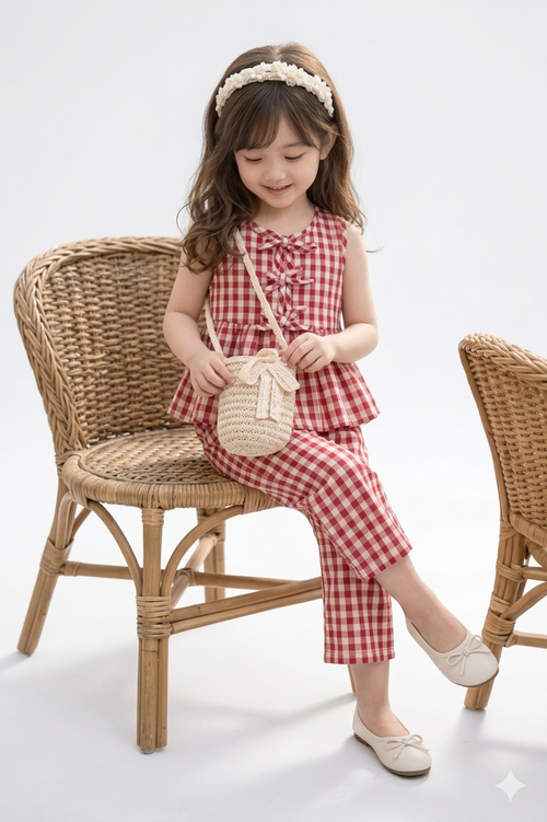 Whimsical Red & White Gingham Peplum Set with Balloon Accents