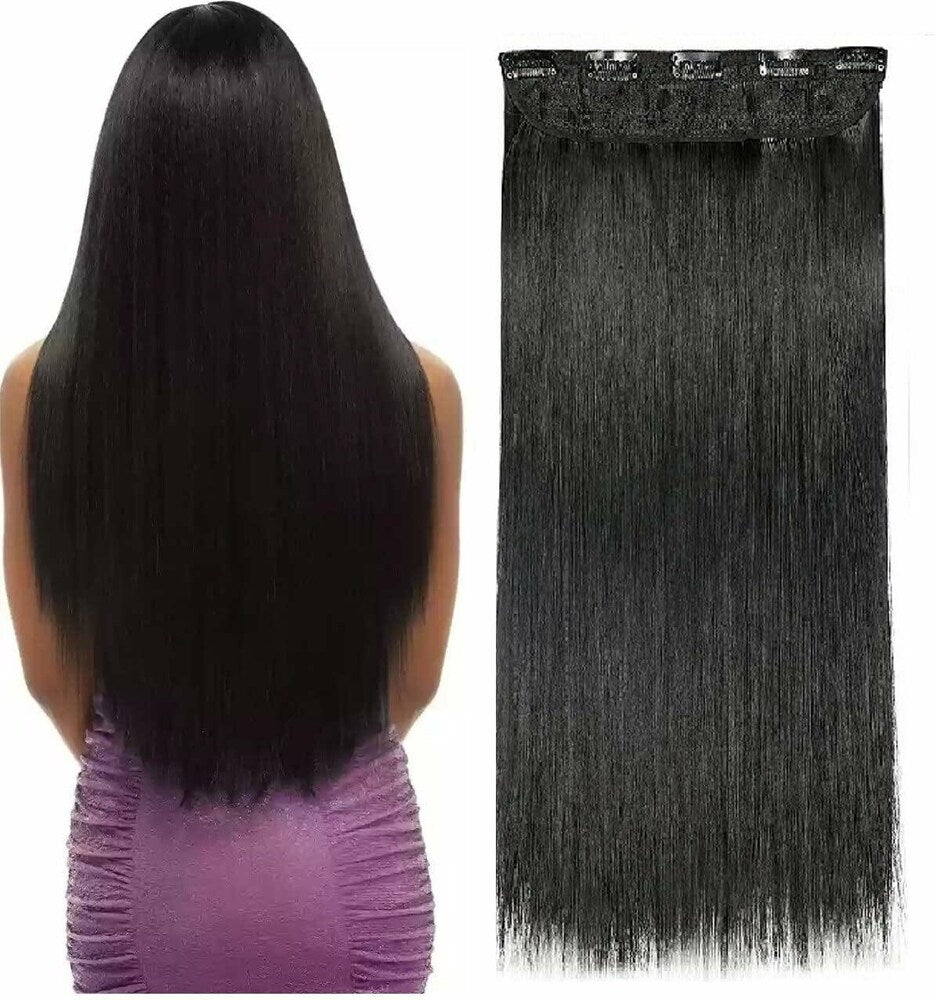 24-Inch Straight Black Clip-in Hair Extension - 5-Clip Synthetic Hairpiece for Instant Length and Volume
