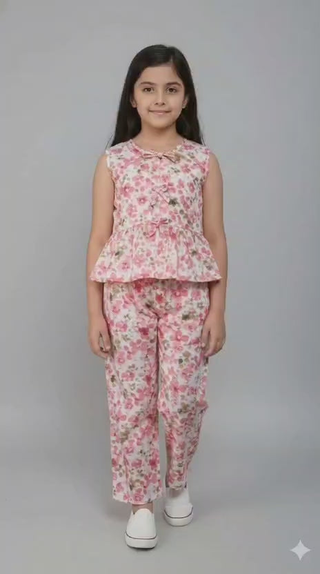 Girls Dainty Floral Peplum Top and Trousers Co-ord Set | Kids Party Wear Online