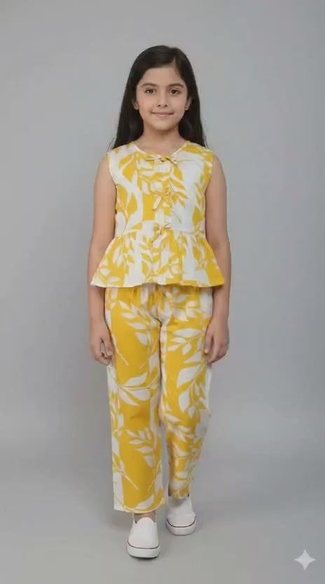 Girls' Yellow and White Leaf Print Peplum Top and Trouser Co-ord Set