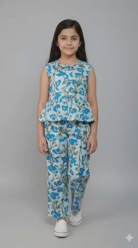 Girls Blue Floral Print Peplum Top and Matching Trouser Set | Kids Party Wear